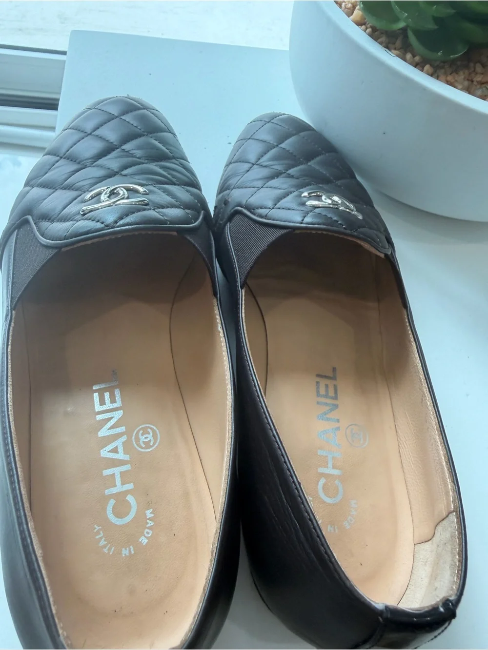 CHANEL Quilted Leather Loafers in Dark Brown with Silver CC